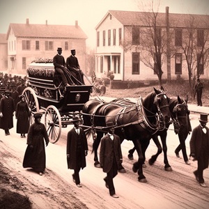 African American mourners follow a horse-drawn carriage and casket down the street of a small town, circa 1895. Image created with the assistance of AI.